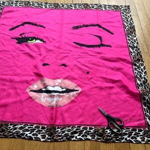 Betsey Johnson Rare Marilyn Pink Winking Face XL Scarf with Leopard Print Border